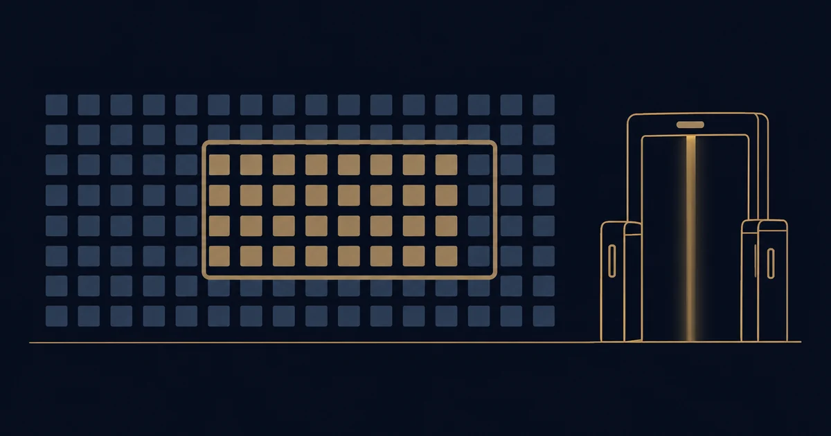 An abstract calendar grid on deep navy with a gold rectangular outline framing a sliding block of days, beside a simple outlined automated border gate with a gold scanner beam