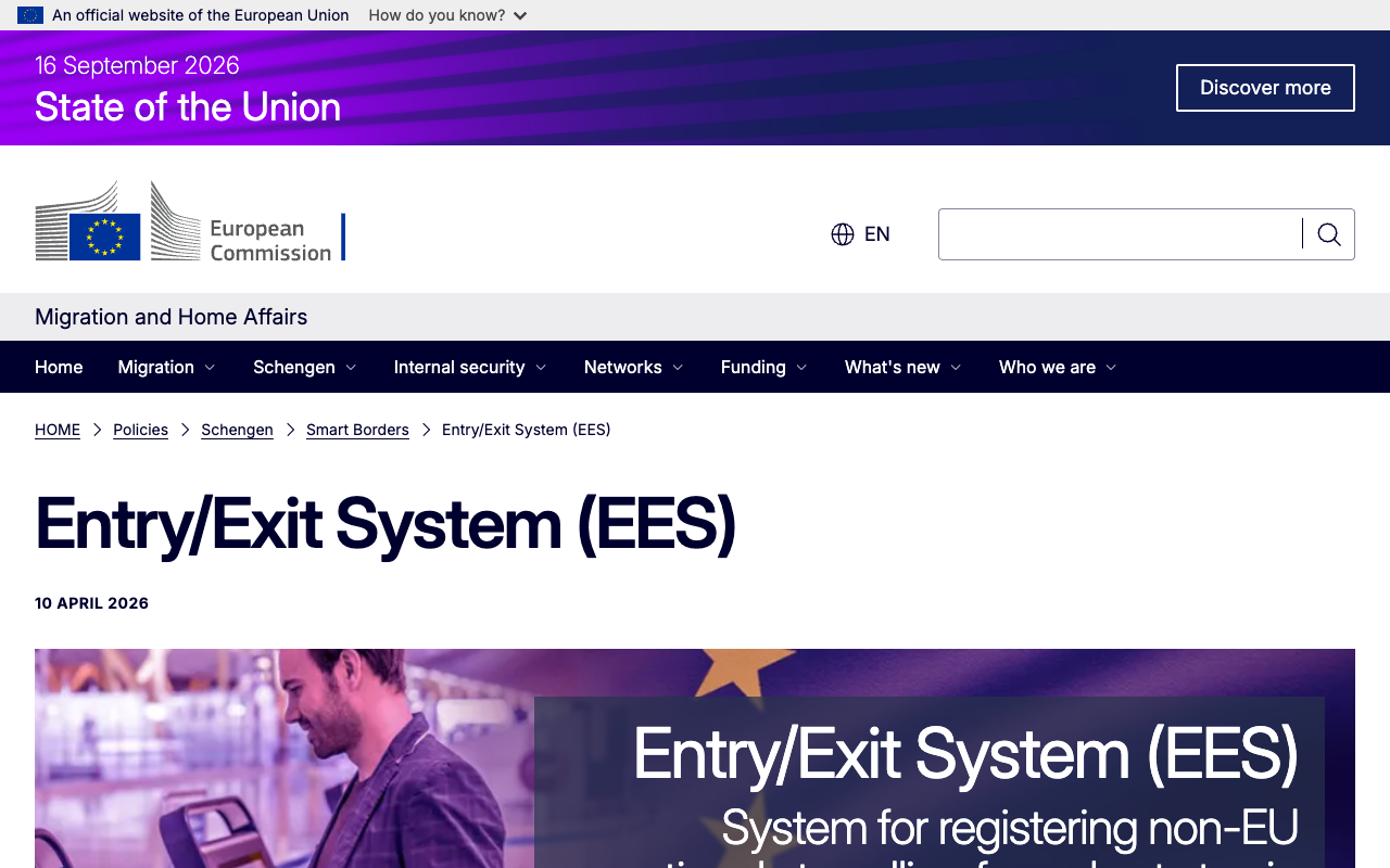 European Commission Migration and Home Affairs page headed Entry/Exit System (EES) dated 10 April 2026, describing the system for registering non-EU nationals at the external border