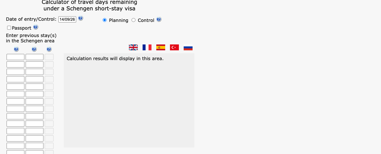 The European Commission's Schengen short-stay calculator, a form headed Calculator of travel days remaining under a Schengen short-stay visa with a date of entry field, rows for previous stays and a note that the calculator is a helping tool only and does not constitute a right to stay