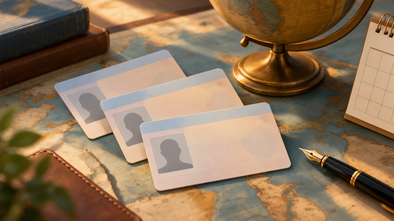 Three blank residence permit cards fanned out on a vintage world map beside a brass globe, a fountain pen and a desk calendar, illustrating the choice between second residency programmes