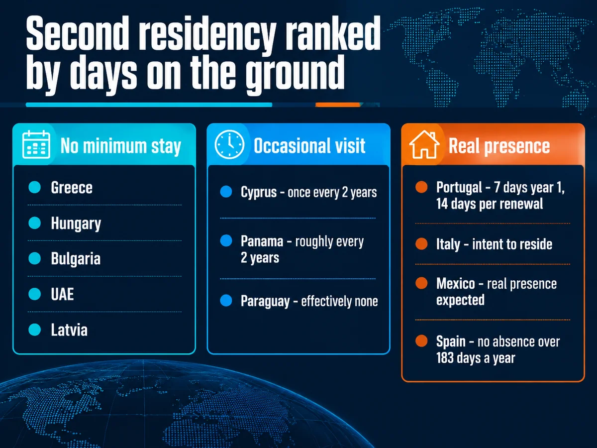 Second residency programmes ranked by days on the ground: no minimum stay for Greece, Hungary, Bulgaria, UAE and Latvia; occasional visit for Cyprus once every 2 years, Panama roughly every 2 years and Paraguay effectively none; real presence for Portugal at 7 days in year one and 14 days per renewal, Italy with intent to reside, Mexico with real presence expected, and Spain with no absence over 183 days a year