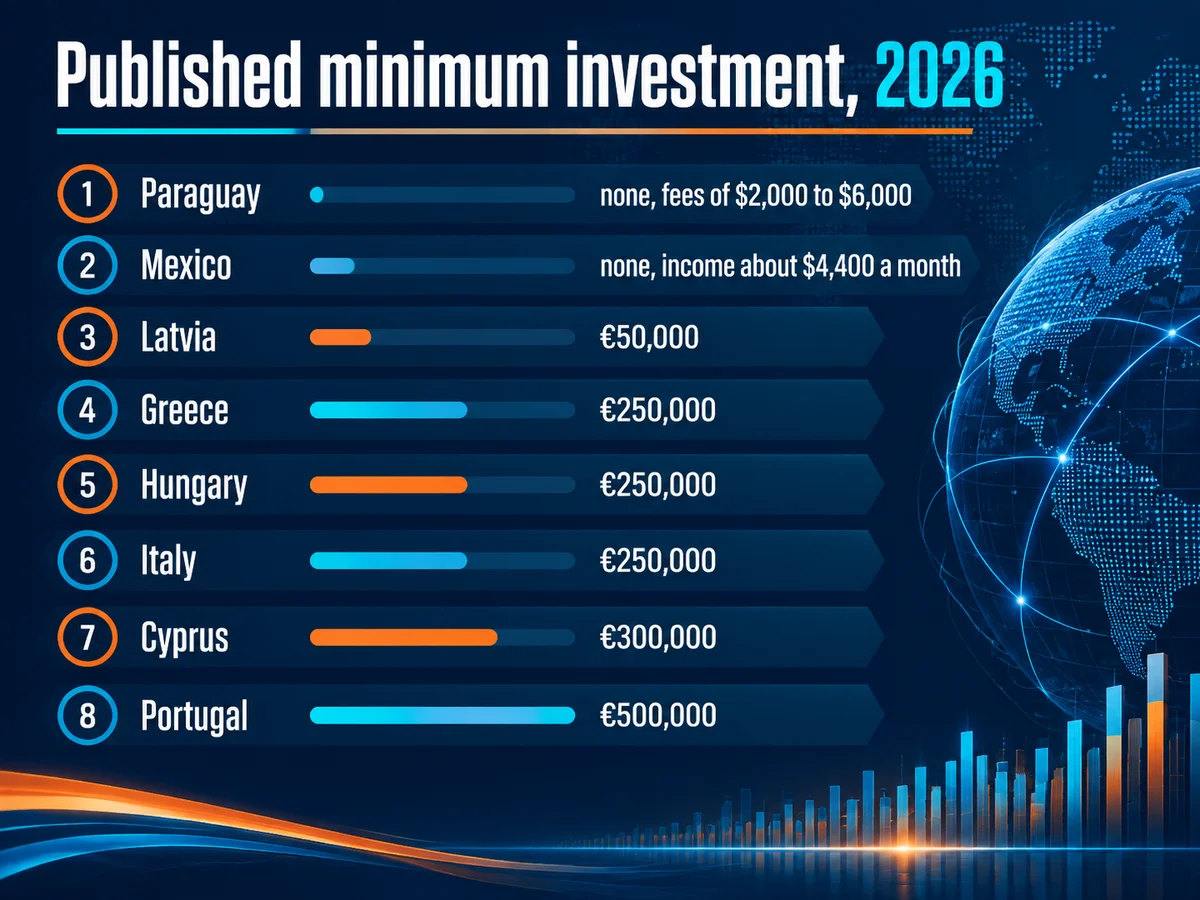 Ranked list of published minimum investment for second residency in 2026: Paraguay none with fees of $2,000 to $6,000, Mexico none with income of about $4,400 a month, Latvia €50,000, Greece €250,000, Hungary €250,000, Italy €250,000, Cyprus €300,000, Portugal €500,000
