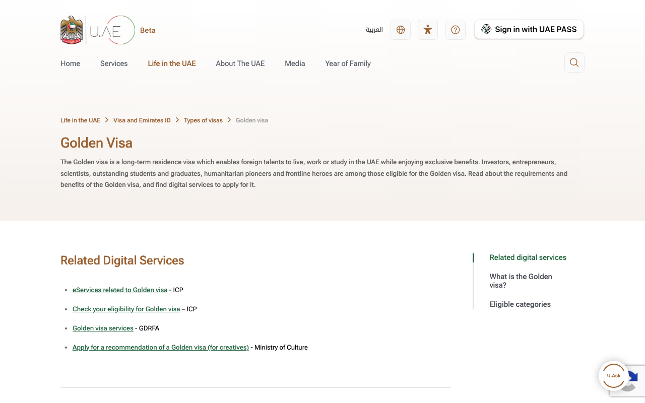Screenshot of the official UAE government portal page on the Golden Visa, describing it as a long-term residence visa for investors, entrepreneurs, scientists, outstanding students and graduates, humanitarian pioneers and frontline heroes