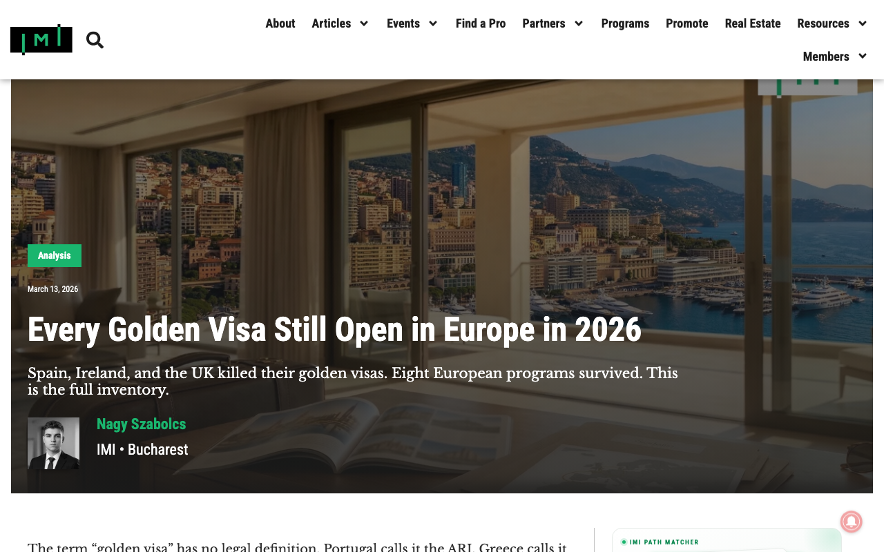 Screenshot of the IMI Daily analysis article Every Golden Visa Still Open in Europe in 2026, noting that Spain, Ireland and the UK closed their programmes and eight European programmes survived