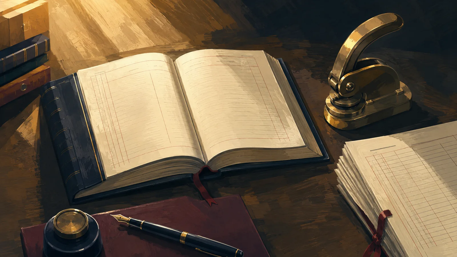 Statutory registers, a corporate seal and a bound minute book on a desk, illustrating the corporate secretarial records a Singapore company must maintain