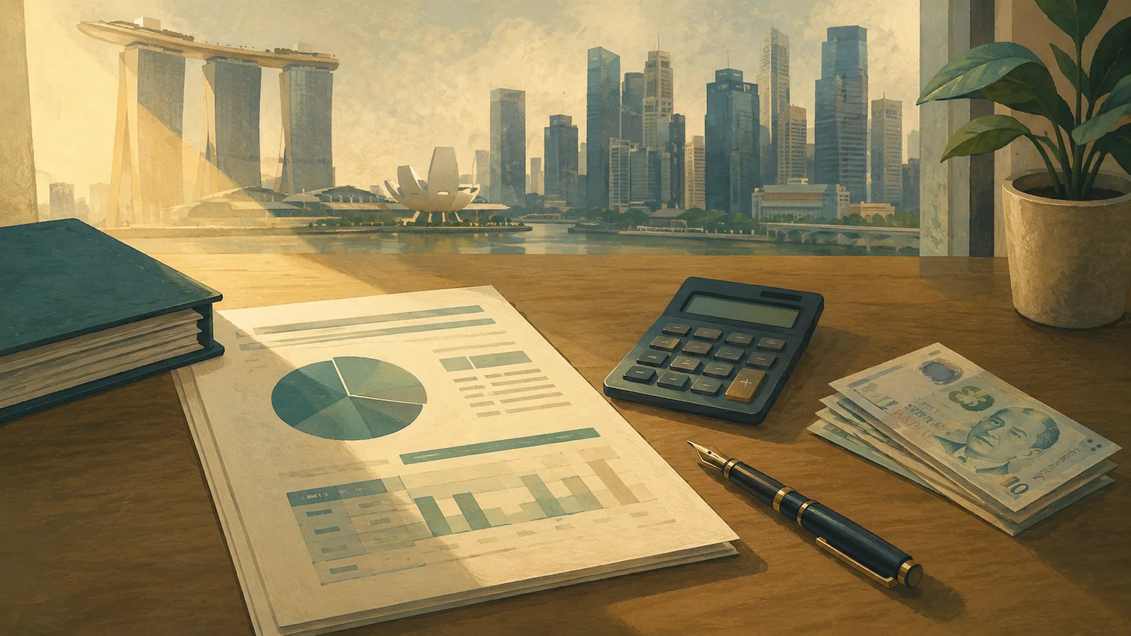 A calculator, tax computation papers and a fountain pen on a desk with the Singapore skyline beyond, illustrating corporate tax computation for a Singapore company