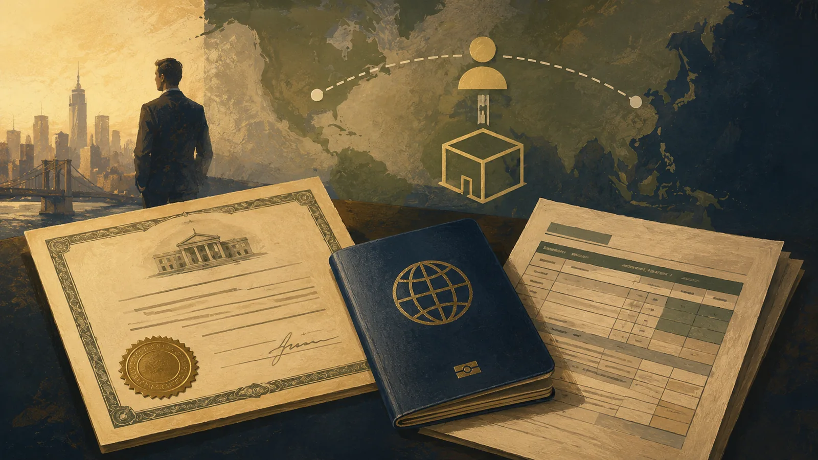 A US single-member LLC certificate beside a foreign passport and IRS Form 5472, illustrating the foreign-owned disregarded entity structure for non-residents