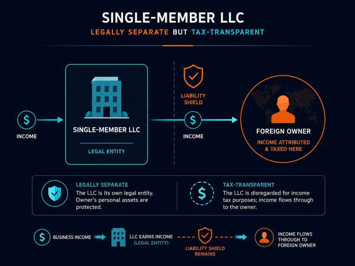 Diagram showing a single-member LLC as legally separate but disregarded for income tax, with income flowing through to the foreign owner