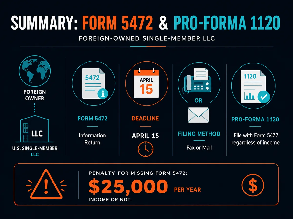 Summary of the Form 5472 and pro-forma 1120 filing for a foreign-owned single-member LLC, with deadline, filing method and the 25000 dollar penalty