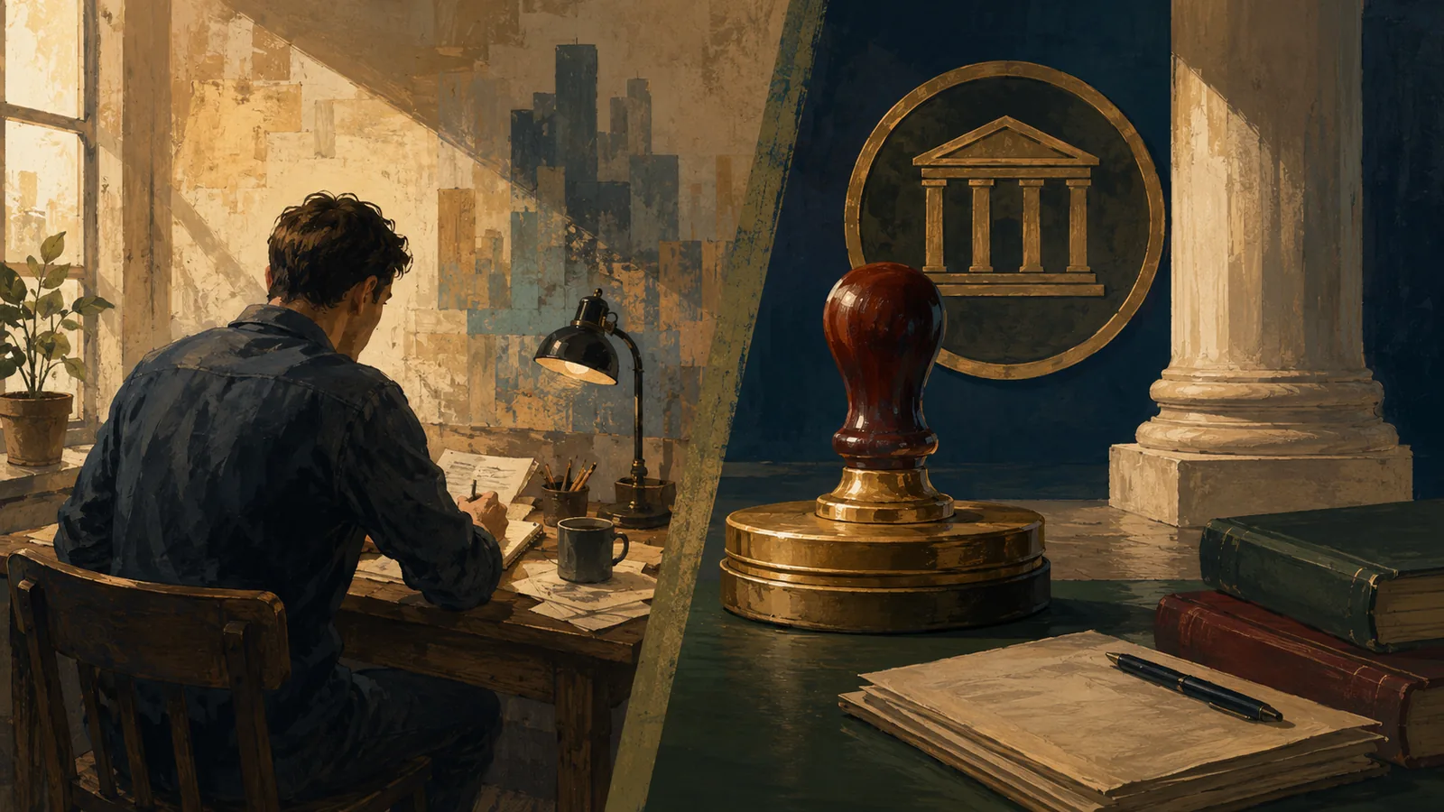 A sole trader's desk beside a formed company seal, illustrating sole proprietorship versus LLC