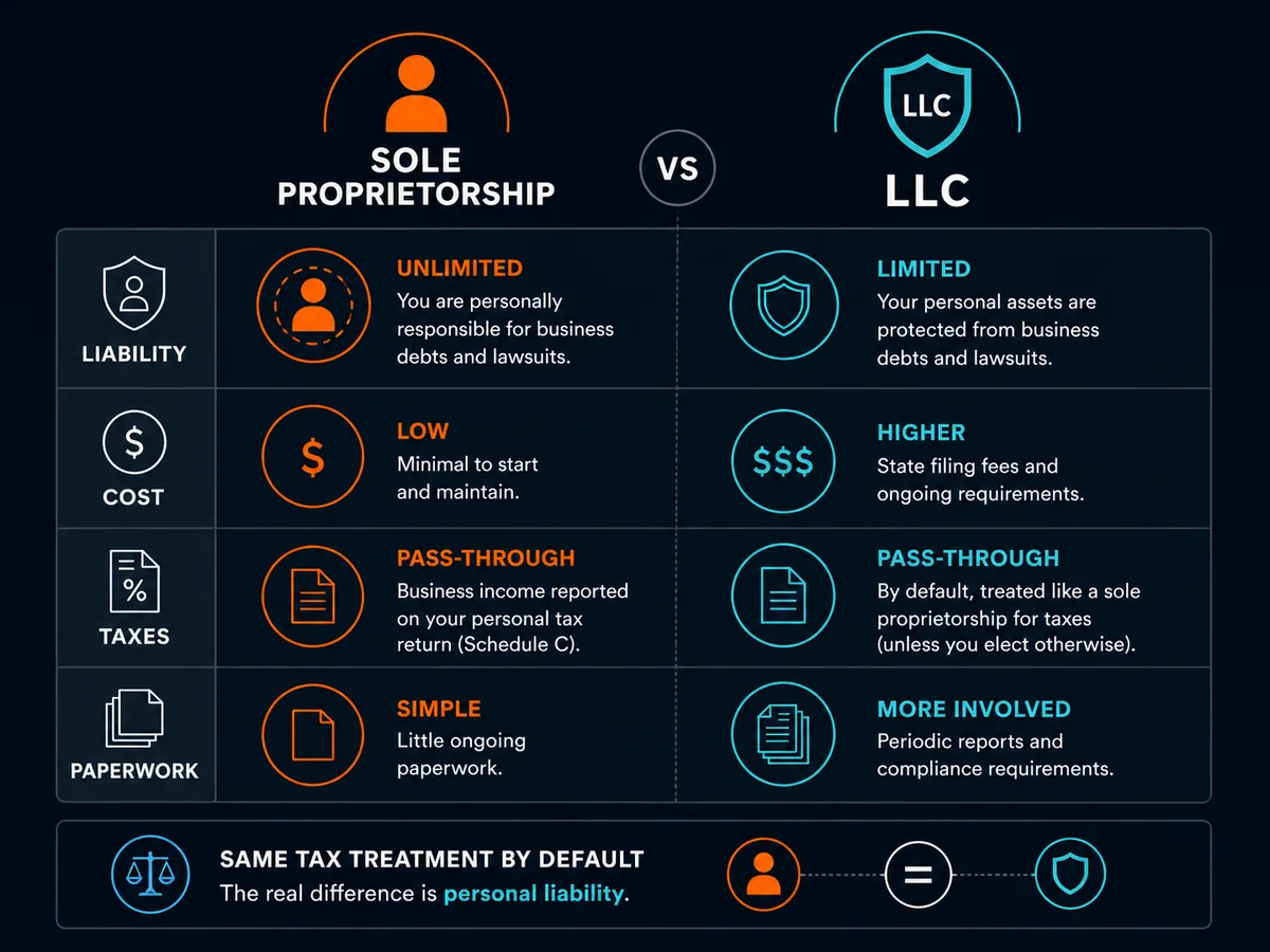 Side-by-side comparison of sole proprietorship and LLC across liability, cost, taxes and paperwork