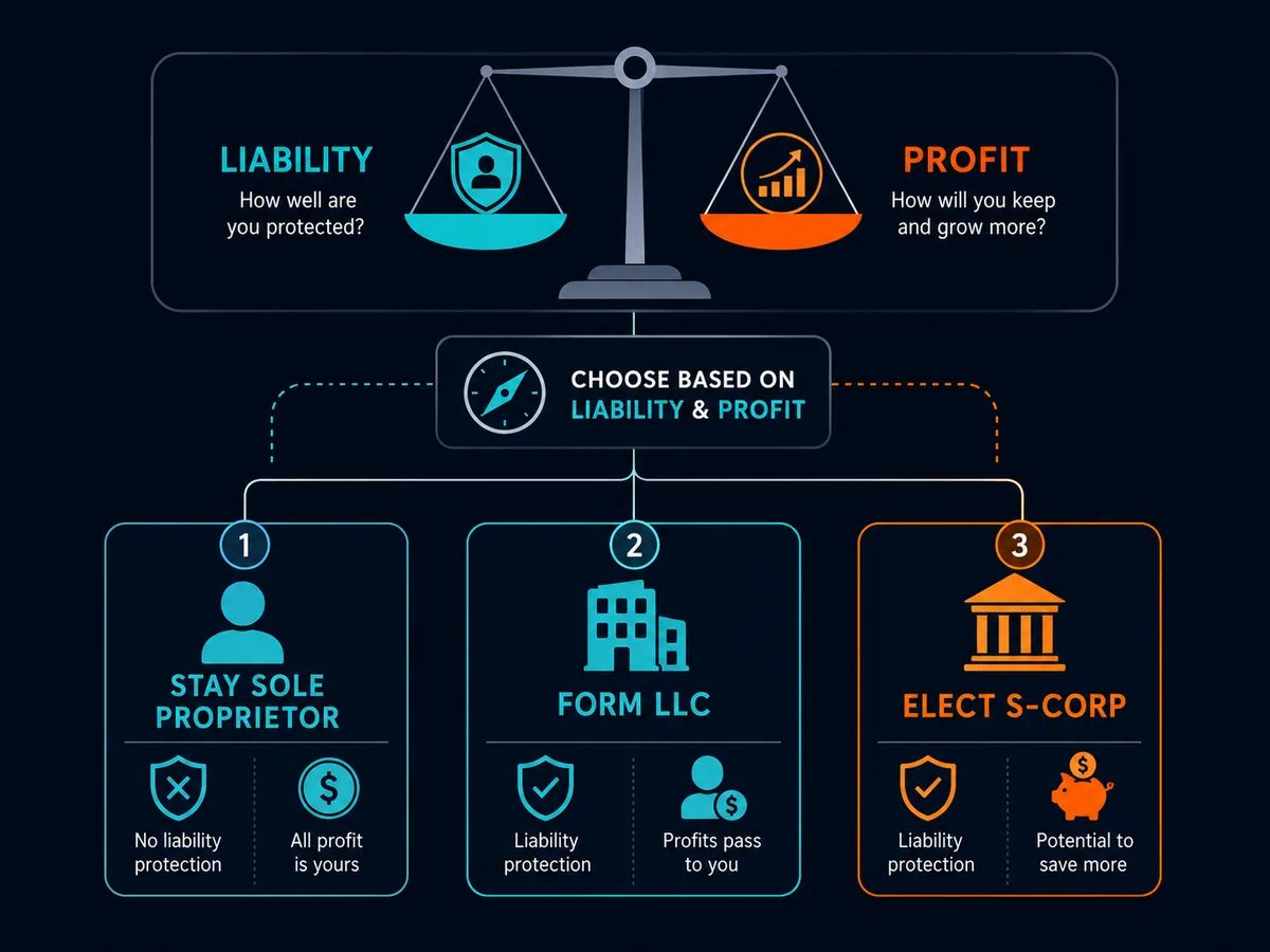 Decision flow: stay a sole proprietor, form an LLC, or elect S-corp
