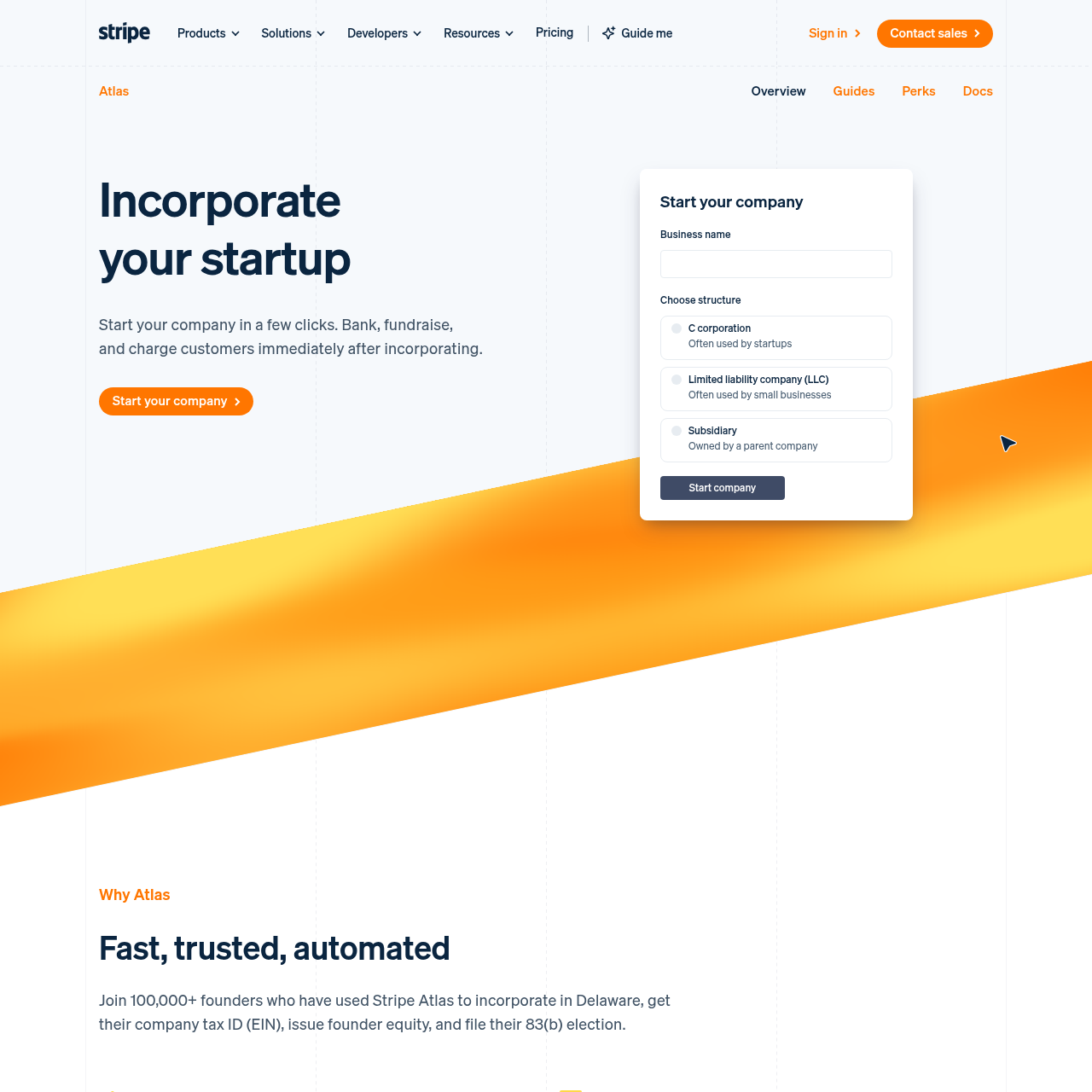 Stripe Atlas product landing page