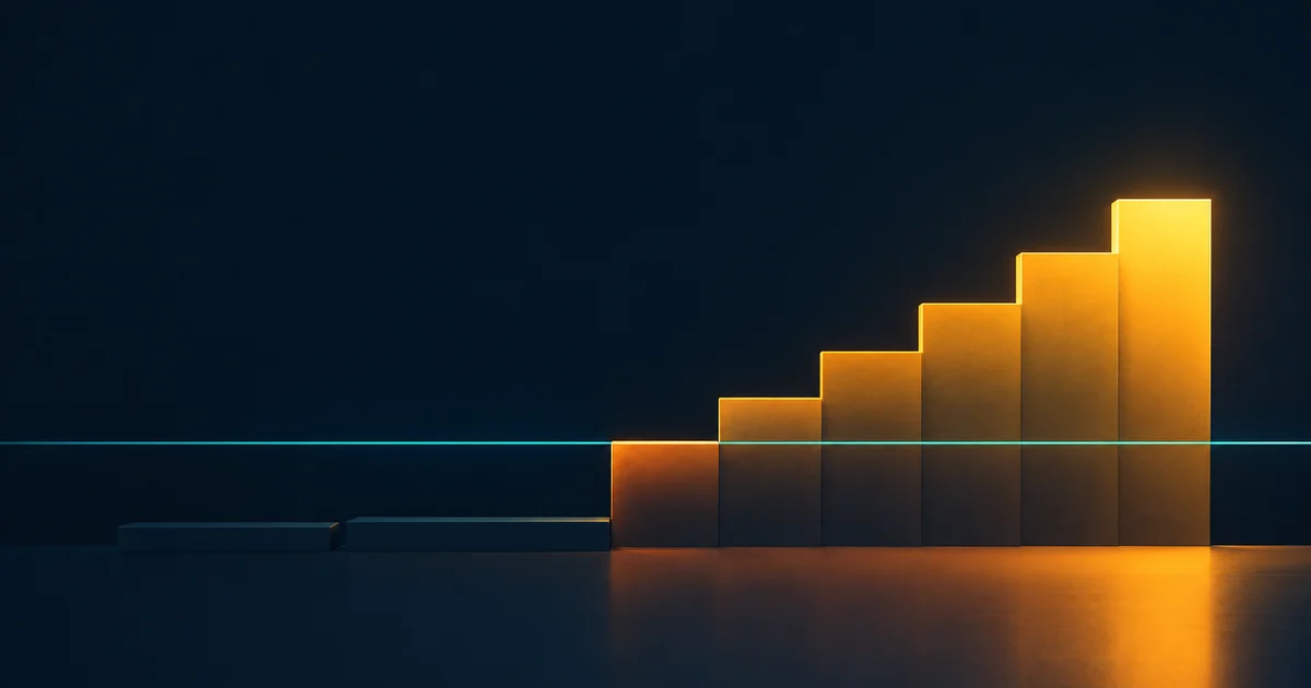 Flat conceptual illustration on a dark navy field: a row of ascending blocks seen from the side, the first two lying flat and unlit on the ground, with a thin teal horizontal line marking the height at which the remaining blocks begin to rise and glow amber, each one taller than the last