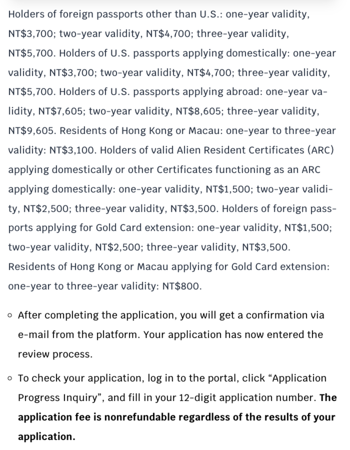 Screenshot of the National Development Council's Gold Card application information page listing every fee tier in its own words, including NT$3,700, NT$4,700 and NT$5,700 for holders of foreign passports other than US, NT$7,605, NT$8,605 and NT$9,605 for US passports applying abroad, NT$3,100 for Hong Kong or Macau residents and NT$1,500 to NT$3,500 for valid ARC holders applying domestically, above a bold line reading that the application fee is nonrefundable regardless of the results of your application
