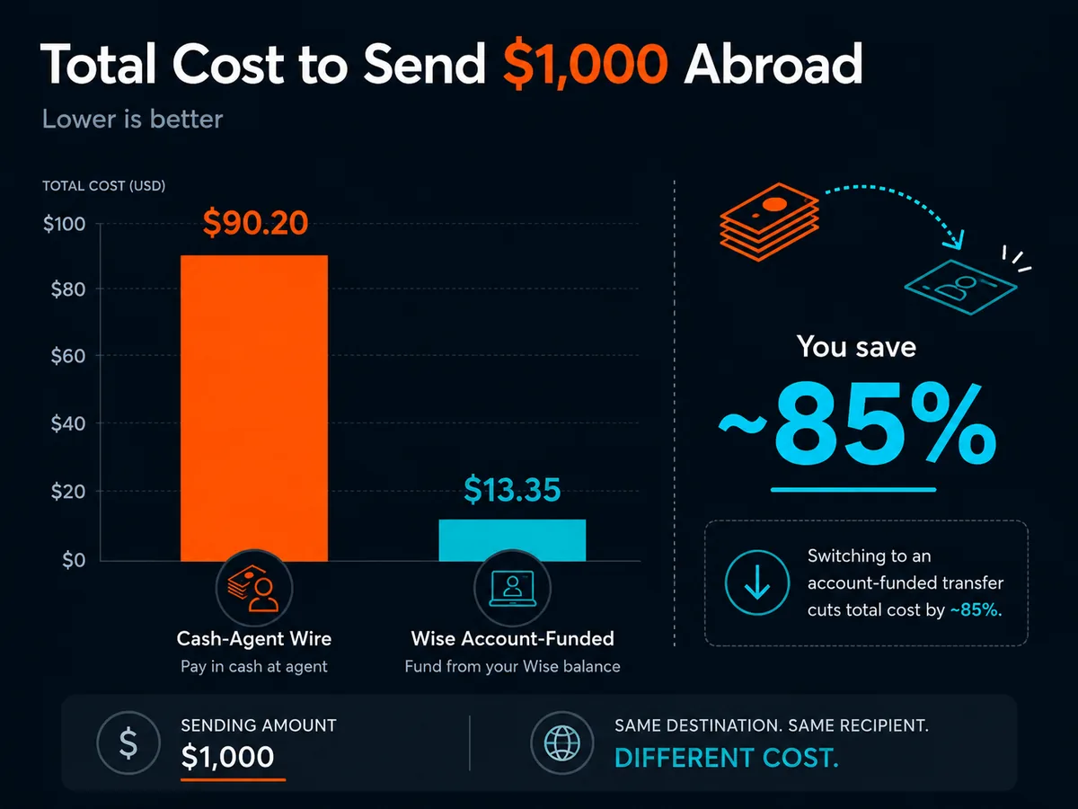 Bar chart comparing total cost of sending $1,000 abroad via different funding methods