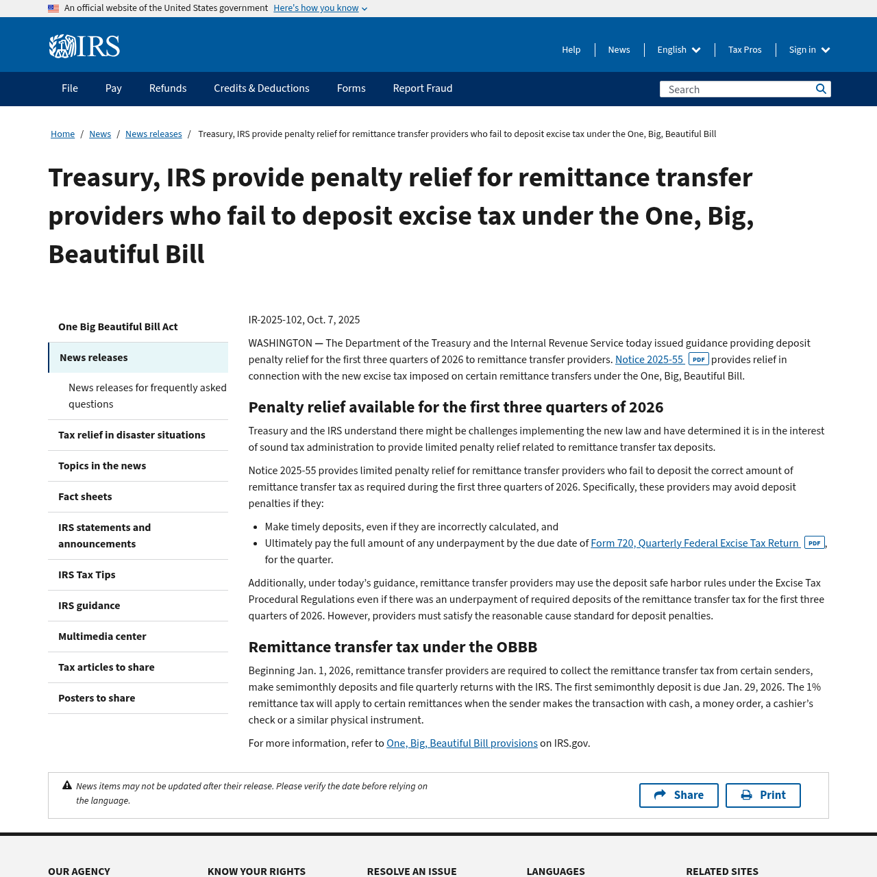 IRS newsroom page announcing penalty relief and operational rules for the new remittance excise tax