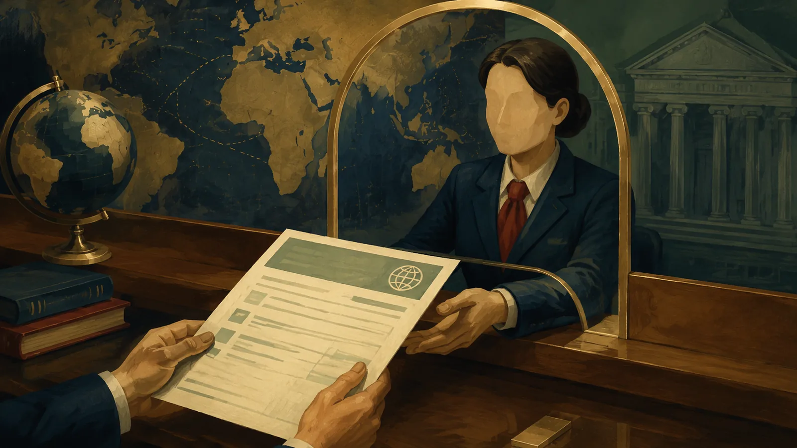 Bank teller window with a tax residency certificate form, illustrating the CRS reporting requirement