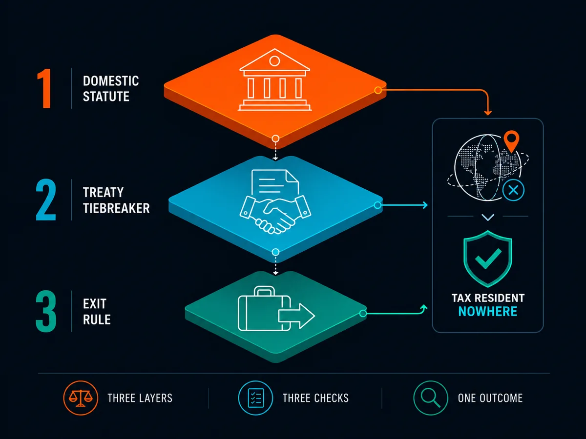 Three layers of the tax residency framework: domestic statute, treaty tiebreaker, exit rule