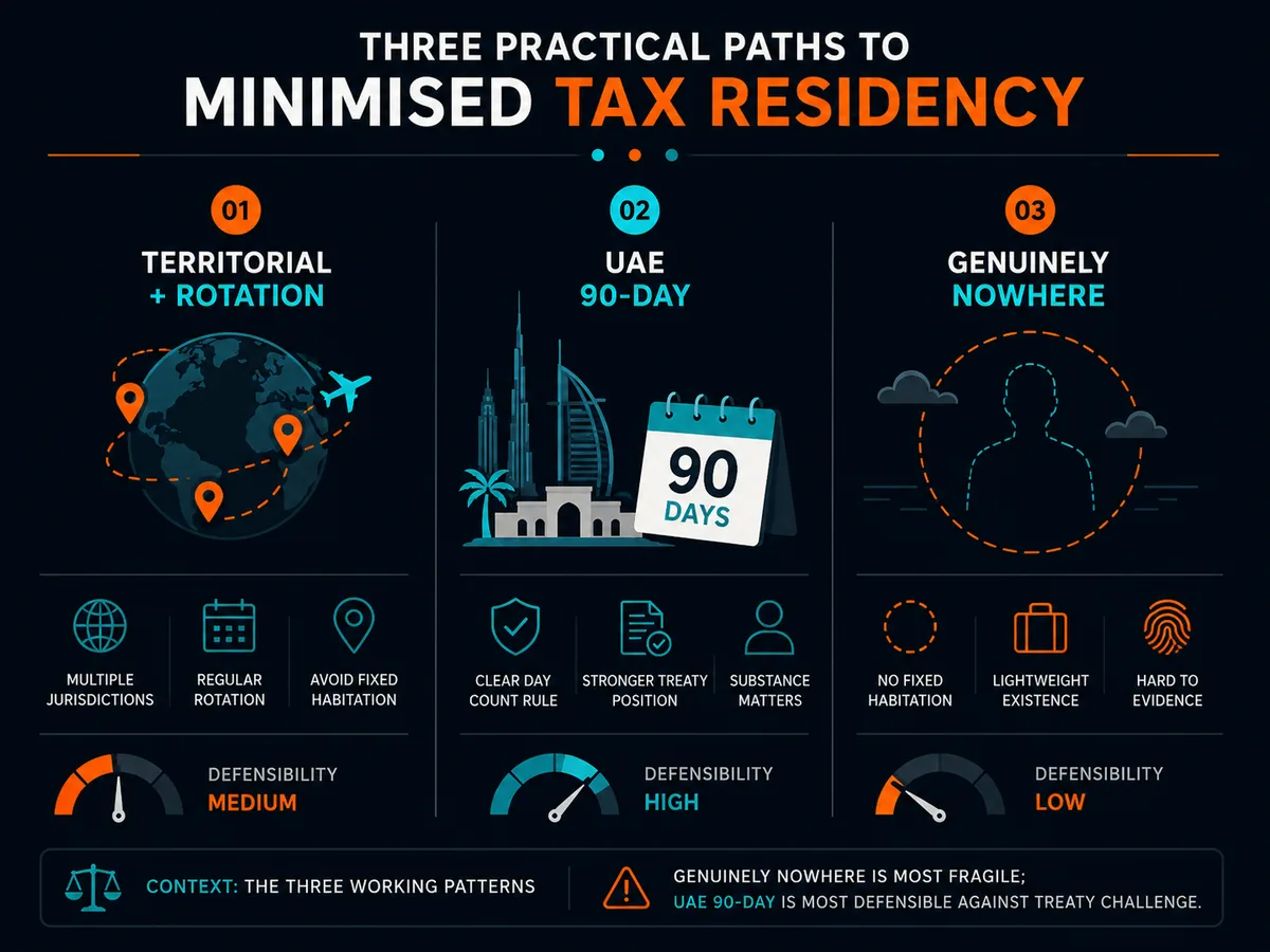 Three practical paths to minimised tax residency: territorial plus rotation, UAE 90-day, genuinely nowhere