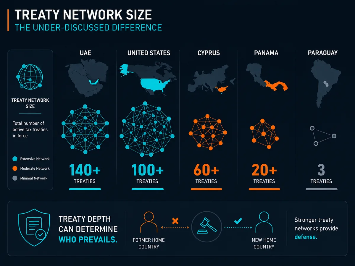 Treaty network size compared across UAE, Panama, Paraguay, Cyprus and the United States