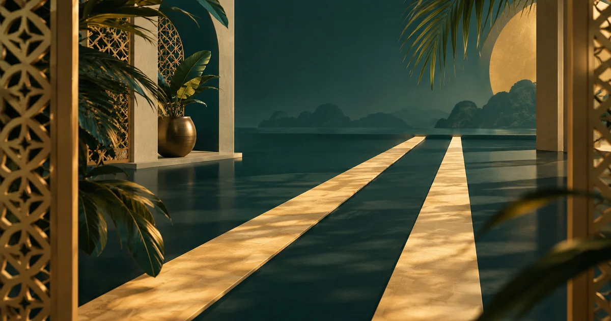Illustration of two parallel bands of golden light running across a dark teal floor toward a tropical horizon, never crossing, framed by brass latticework screens and palm fronds