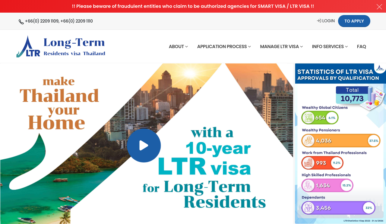 Screenshot of the Thailand Board of Investment's Long-Term Residents visa site showing its Statistics of LTR Visa Approvals by Qualification panel: a total of 10,773, of which Wealthy Global Citizens 654 at 6.1 percent, Wealthy Pensioners 4,036 at 37.5 percent, Work from Thailand Professionals 993 at 9.2 percent, High Skilled Professionals 1,634 at 15.2 percent and Dependants 3,456 at 32 percent, footed LTR Statistics 1 Sep 2022 to 31 Jul 2026