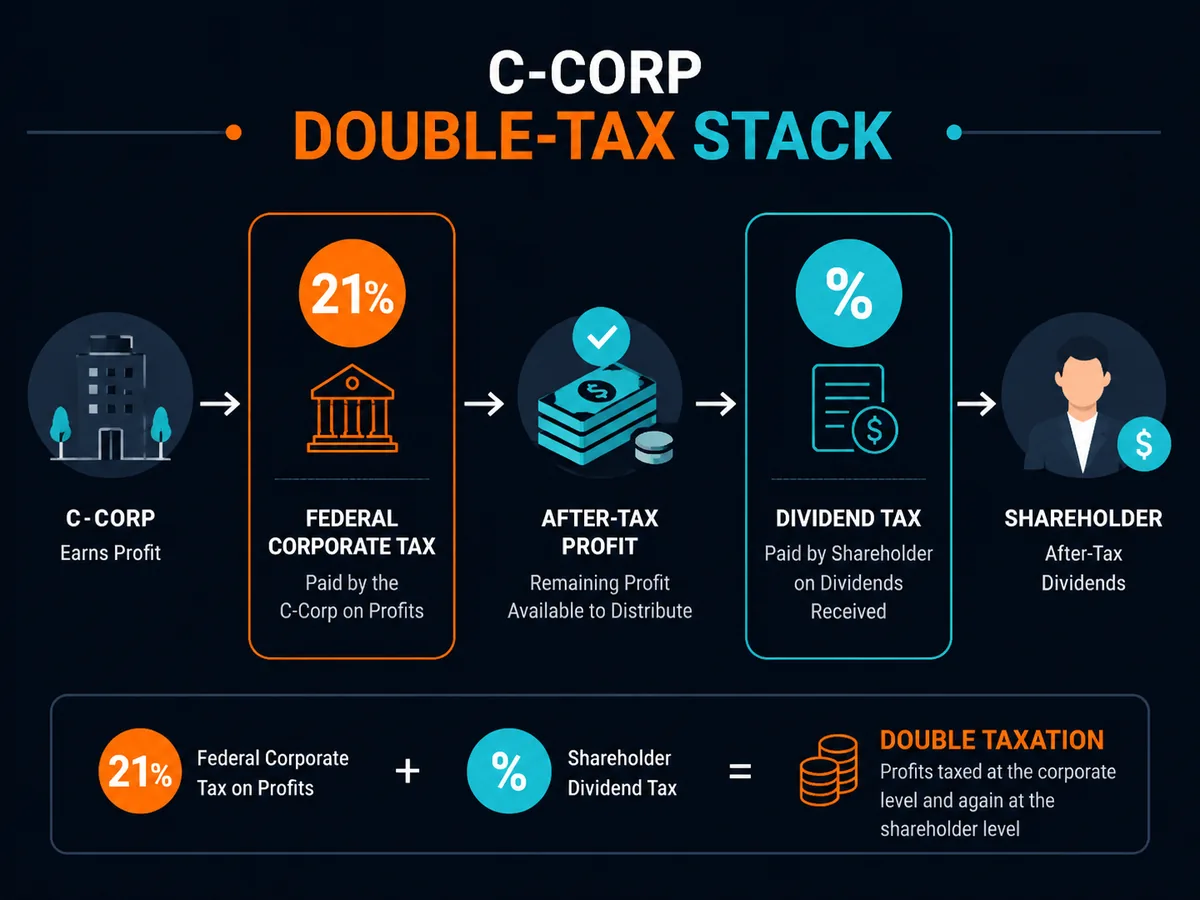 Diagram of the C-Corp double-tax stack — 21% federal corporate tax plus shareholder-level dividend tax
