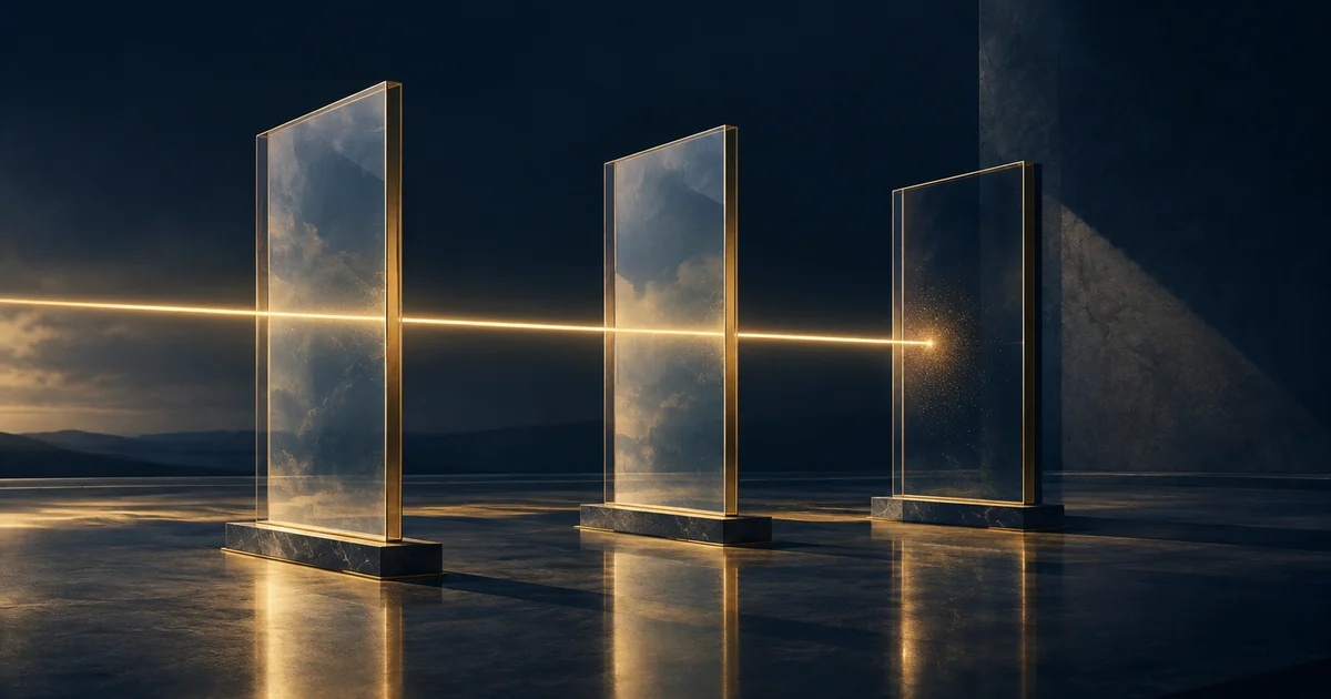 Three translucent glass panels standing in a row on deep navy, each framed in gold, with a thin gold beam of light passing through the first two and stopping at the third