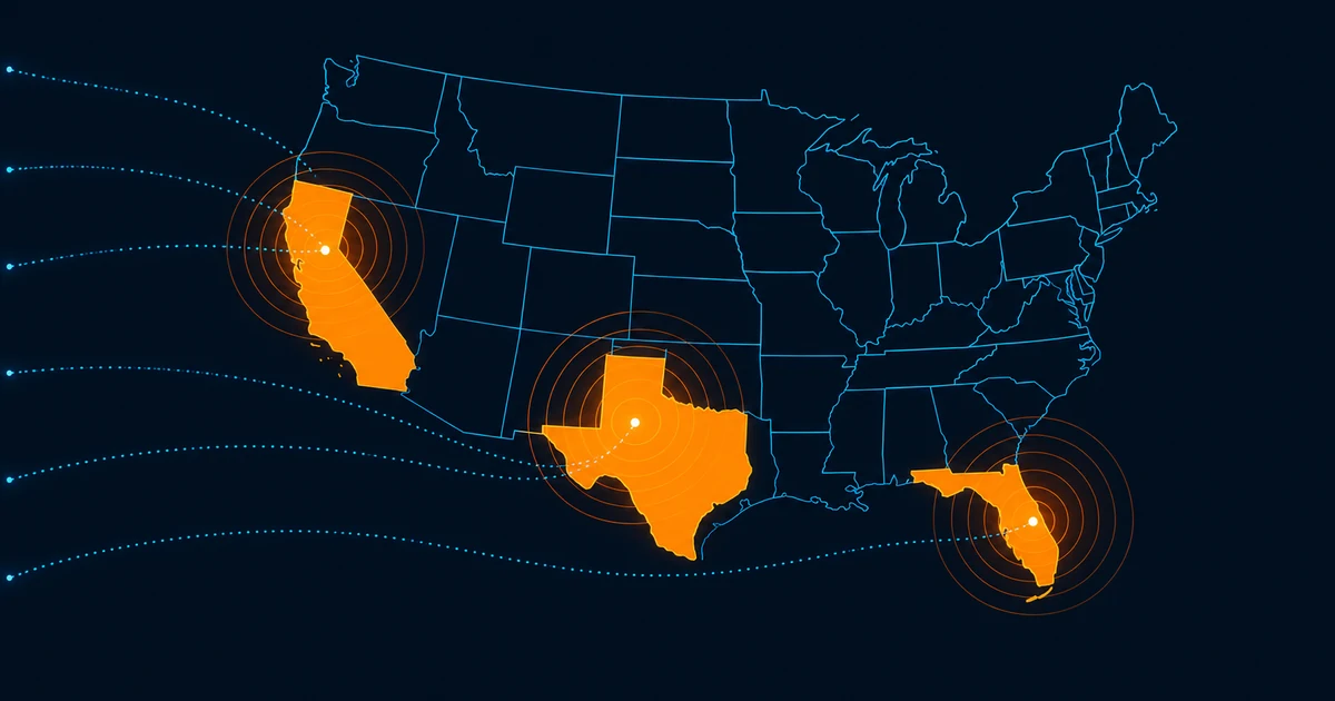 A dark map of the United States with California, Texas and Florida filled in orange and rings radiating from each, and dotted lines arriving from outside the country