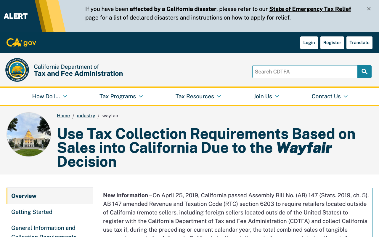 Screenshot of the California Department of Tax and Fee Administration page on use tax collection requirements after the Wayfair decision, stating that Assembly Bill 147 amended Revenue and Taxation Code section 6203 to require retailers located outside California, including foreign sellers located outside the United States, to register and collect California use tax