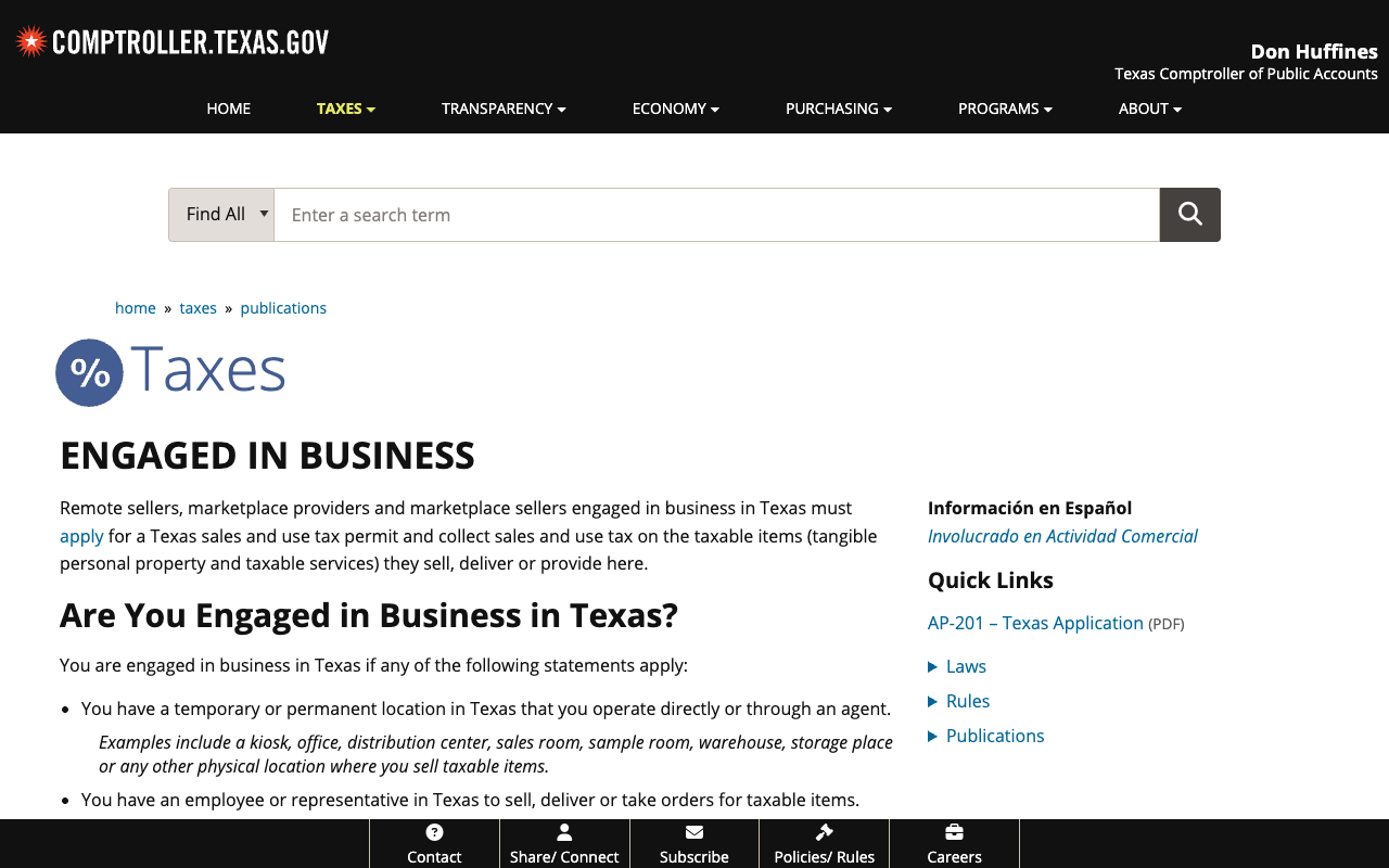 Screenshot of the Texas Comptroller Engaged in Business publication, stating that remote sellers, marketplace providers and marketplace sellers engaged in business in Texas must apply for a Texas sales and use tax permit and collect sales and use tax on the taxable items they sell, deliver or provide there