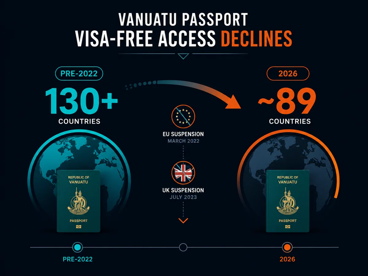 Vanuatu passport visa-free access dropping from over 130 countries pre-2022 to approximately 89 in 2026
