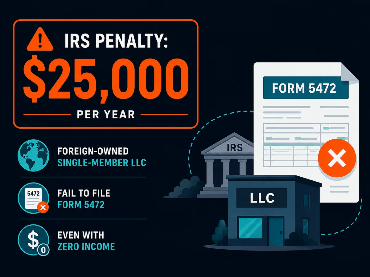 Callout showing the $25,000 IRS penalty for failing to file Form 5472