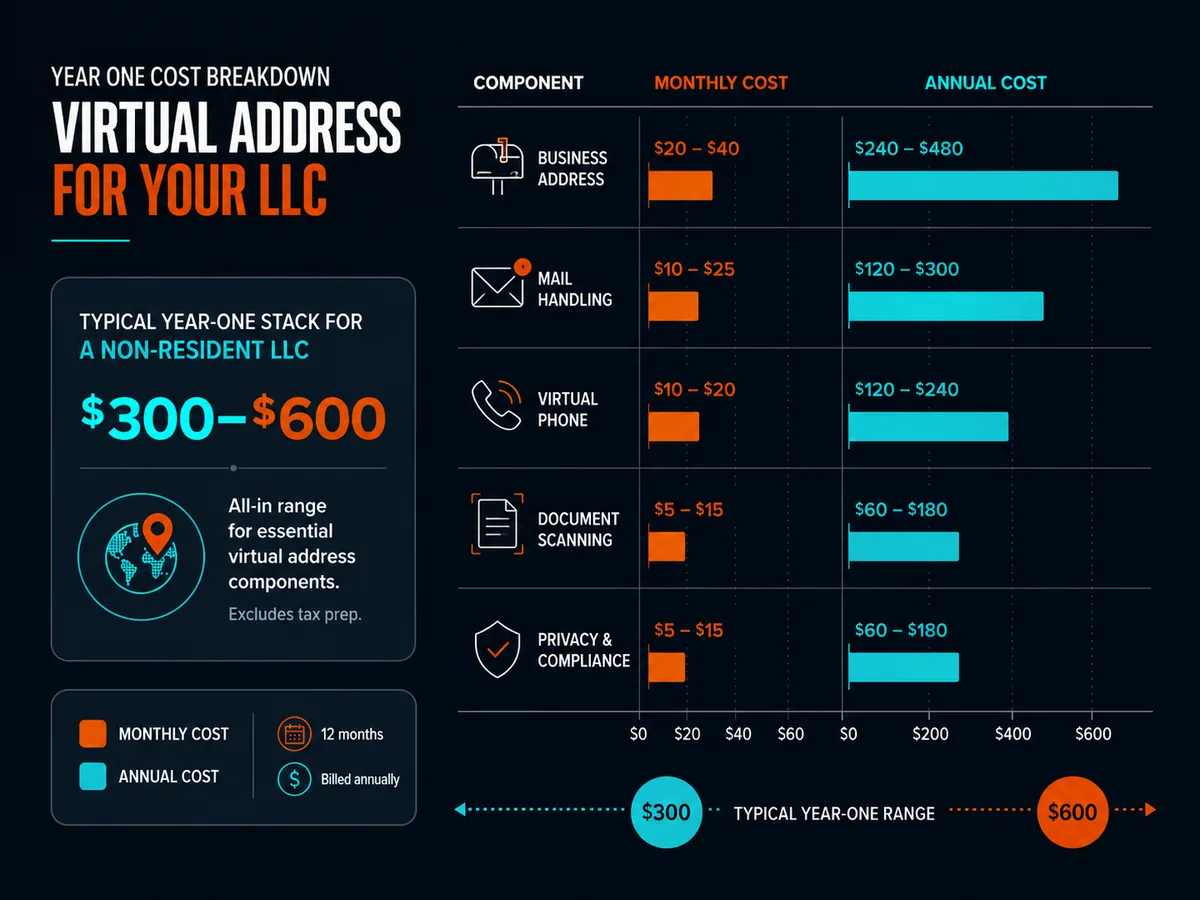 Bar chart comparing monthly and annual costs of virtual address components for an LLC