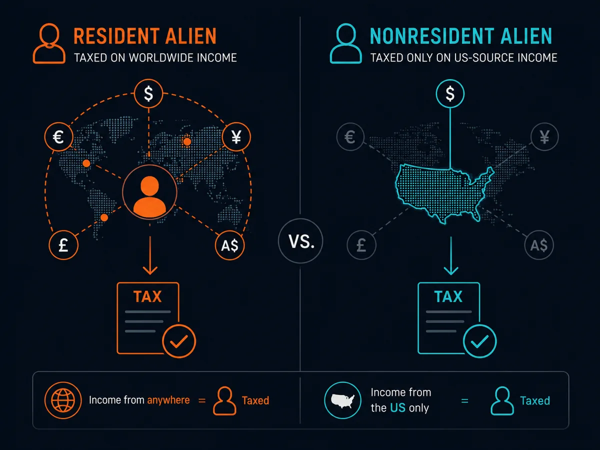 Resident alien taxed on worldwide income versus nonresident alien taxed only on US-source income
