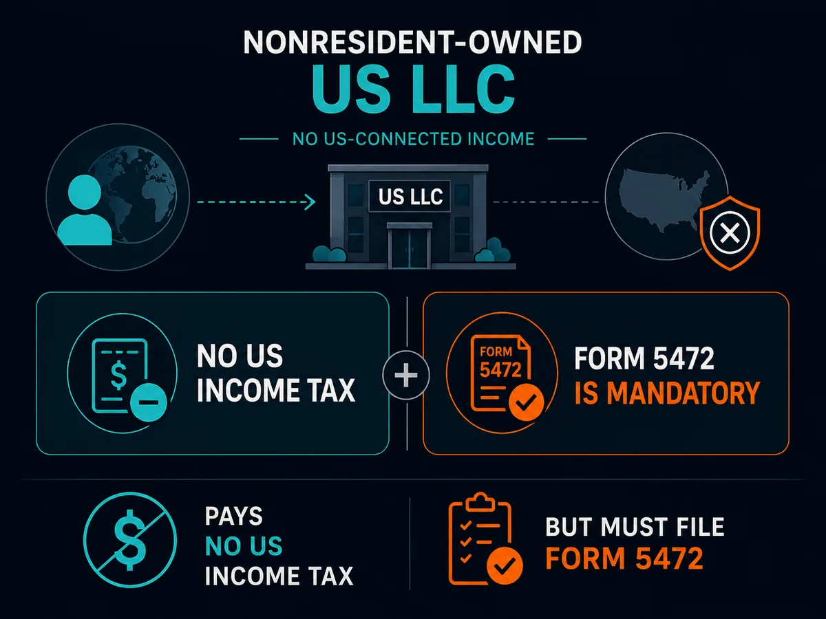Nonresident-owned US LLC with no ECI pays no US income tax but must file Form 5472