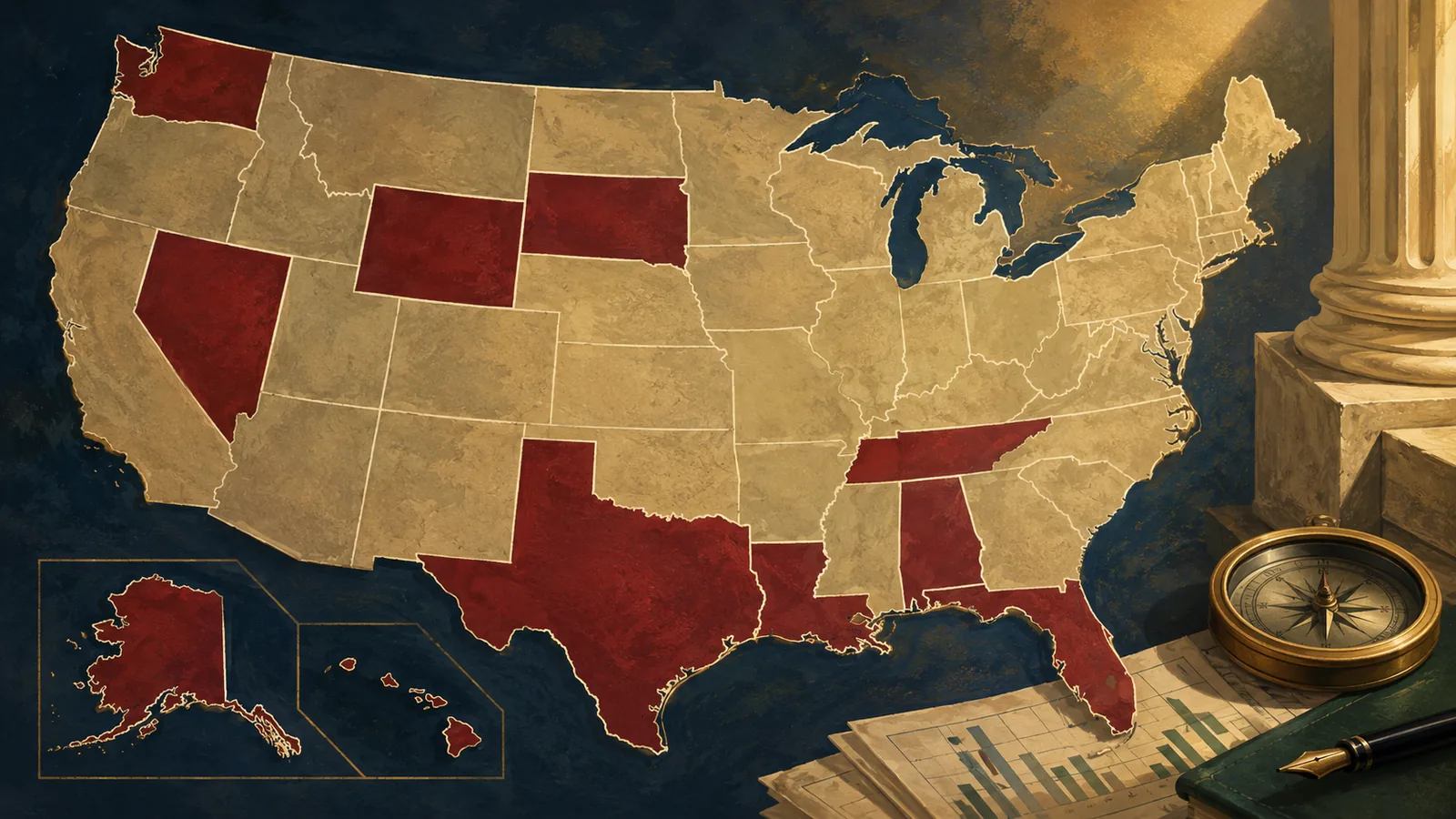 A US map highlighting the states that levy no personal income tax