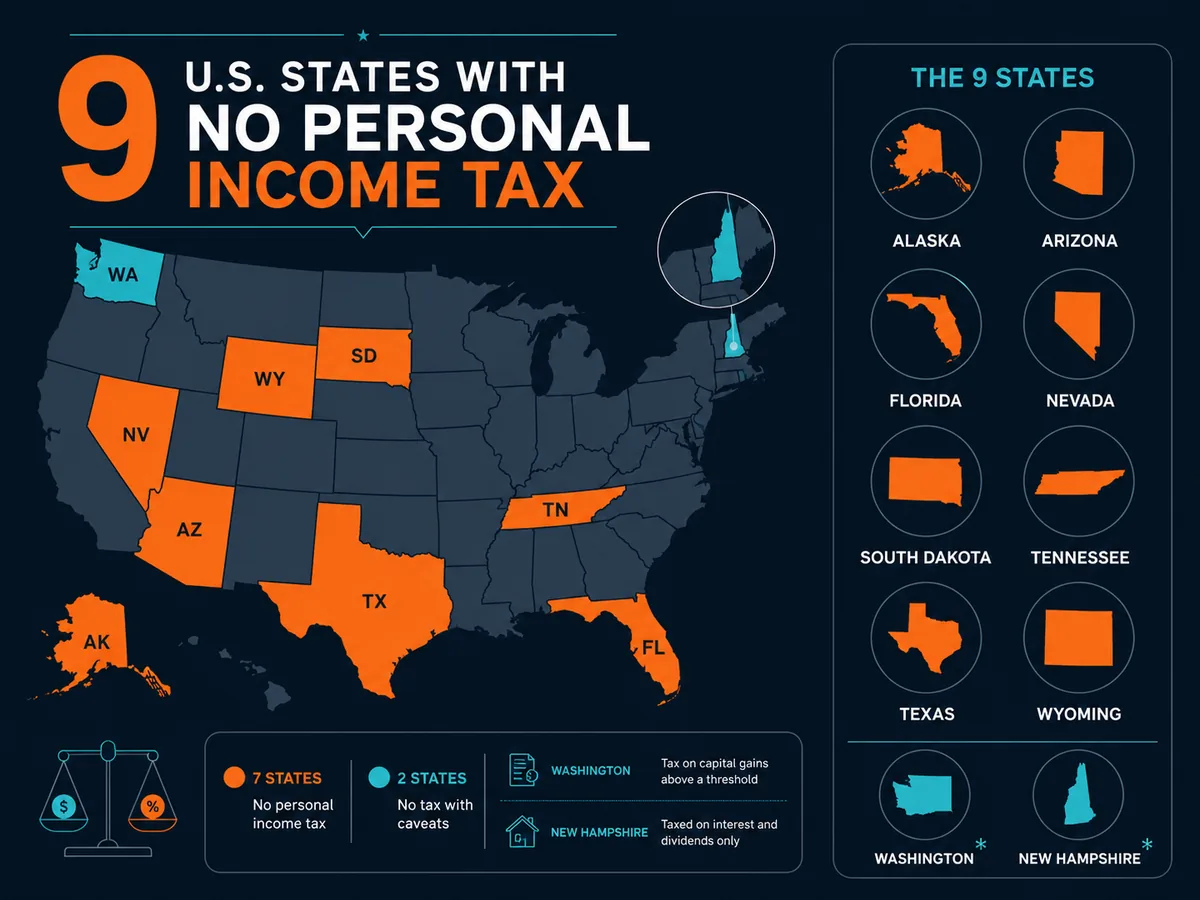 Map-style list of the nine US states with no personal income tax