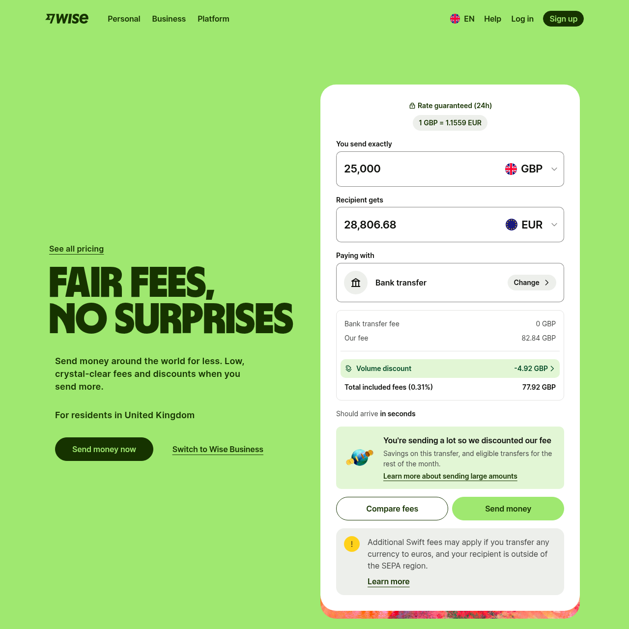 Wise US Business pricing page showing fees and FX rates