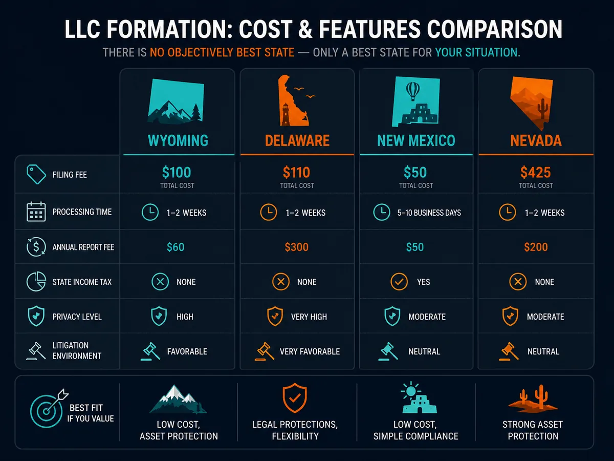 Comparison of Wyoming, Delaware, New Mexico and Nevada LLC formation costs and features
