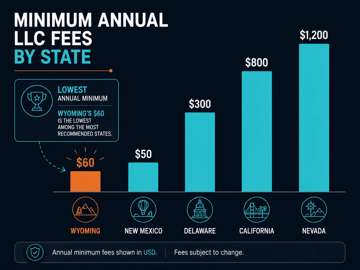 Bar chart comparing minimum annual LLC fees across Wyoming, New Mexico, Delaware, California and Nevada