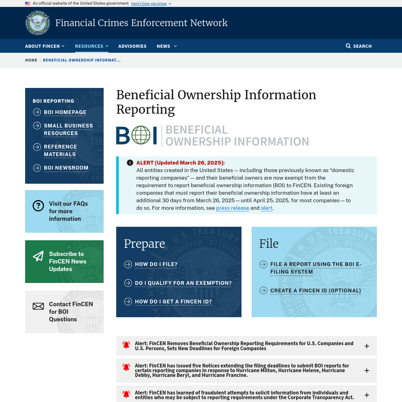 FinCEN Beneficial Ownership Information reporting portal homepage