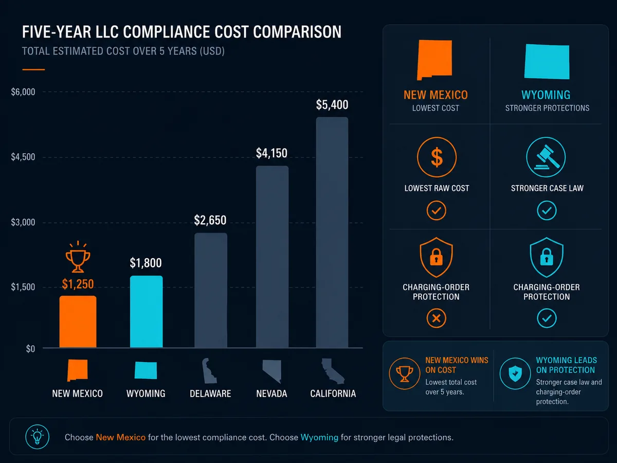 Bar chart comparing five-year LLC compliance costs across five US states
