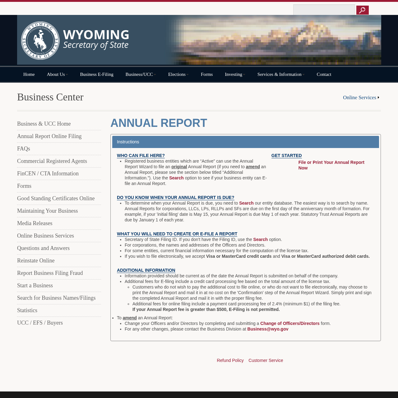 Wyoming Secretary of State annual report filing portal